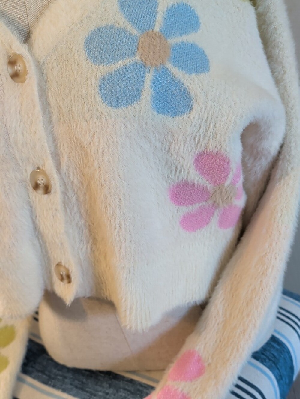 Altar'd State Cream Fuzzy Floral Button V-Neck Cardigan - Picture 3 of 7